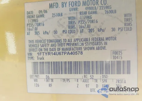 2007 Ford Ranger Sport/Stx/Xl/Xlt from USA, damaged, VIN 1FTYR14U67PA40578